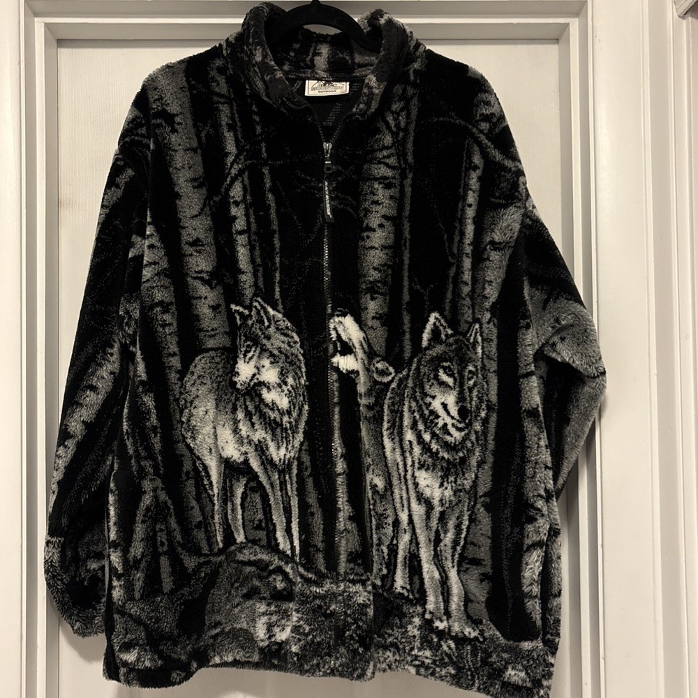 Black Mountain Outdoor Black Gray TimberWolf Print Full Zip Up Fleece Jacket XL